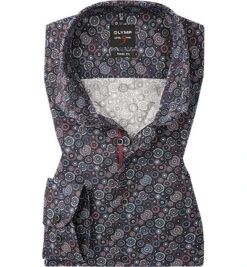 OLYMP Hemd, Body Fit, Popeline, Extra Langer Arm, Navy Gemustert