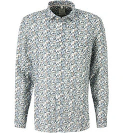 OLYMP Hemd, Body Fit, Reines Leinen, Weiß-blau Gemustert