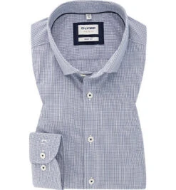 OLYMP Hemd, Body Fit, Baumwoll-Stretch, Extra Langer Arm, Marineblau Kariert