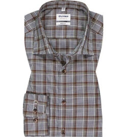 Maenner Mode Haus 3 OLYMP Hemd, Body Fit, Baumwoll-Stretch, Braun-schwarz Kariert