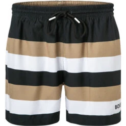 Badeshorts, Mikrofaser, Schwarz-beige Gestreift