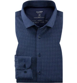 OLYMP Hemd, Body Fit, Baumwoll-Stretch Climate Control, Extra Langer Arm, Marineblau Gemustert