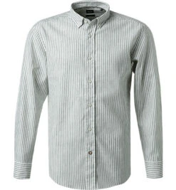 Hemd, Casual Fit, Leinen-Stretch, Salbei-weiß Gestreift