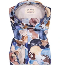 Hemd, Shaped Fit, Baumwolle, Blau-beige Gemustert