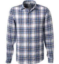 OLYMP Hemd, Body Fit, Reines Leinen, Blau Kariert