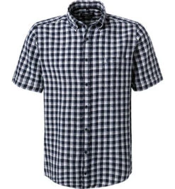 Kurzarmhemd, Leinen-Baumwolle, Blau Kariert