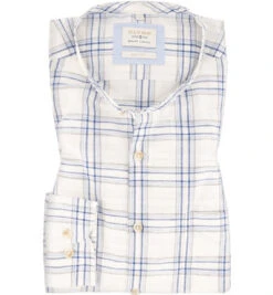 OLYMP Hemd, Body Fit, Leinen-Baumwolle, Weiß-bleu Kariert